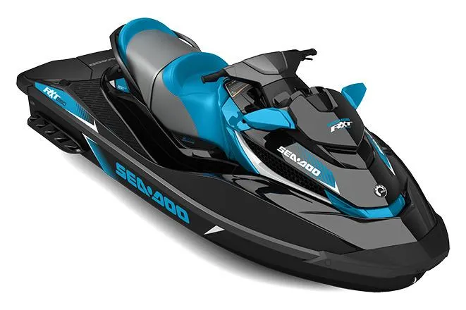 Slide: The Image of Manufacturer Provided Image: 2017 Sea-Doo RXT 260 jet ski, black and blue, side view. - 10
