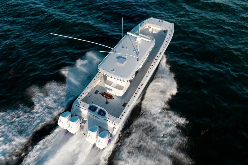 Slide: The Image of Aerial view of 2023 Freeman 43 boat cruising on open water. - 16