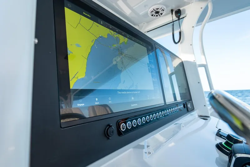 Slide: The Image of Navigation screen on a 2023 Freeman 43 boat, displaying a digital map. - 20