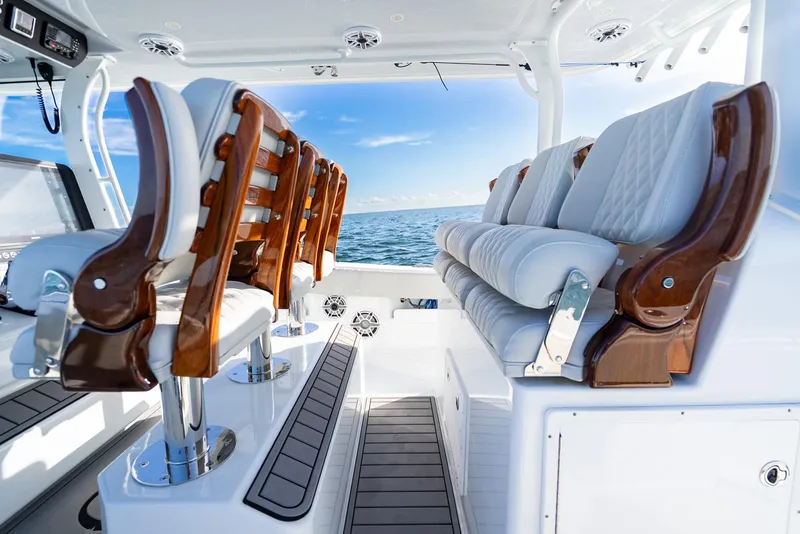 Slide: The Image of Luxurious seating on a 2023 Freeman 43 boat with ocean view. - 25