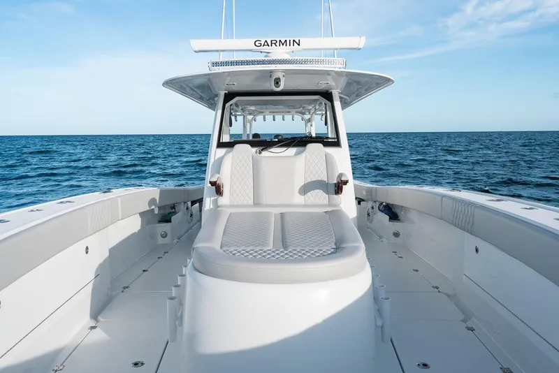 Slide: The Image of Freeman 43 boat interior, 2023 model, on open sea with clear sky. - 35