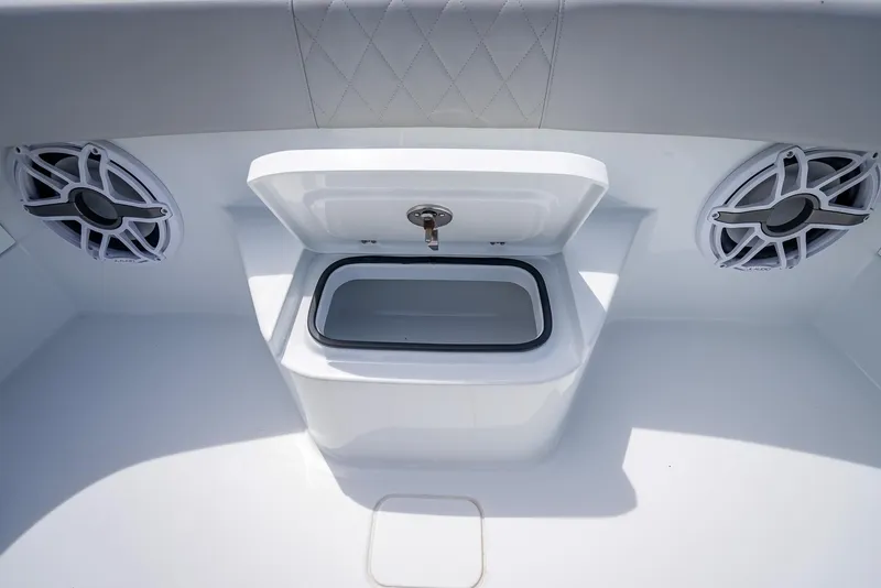Slide: The Image of 2023 Freeman 43 boat interior with speakers and storage compartment. - 40