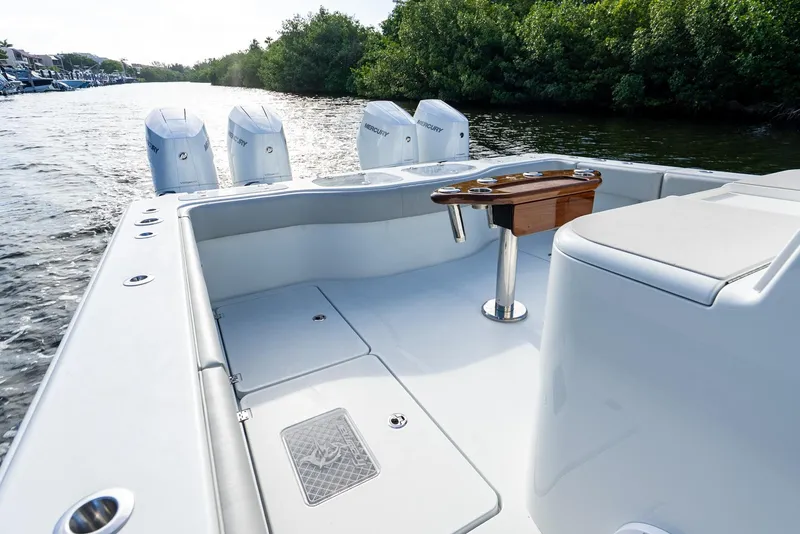 Slide: The Image of 2023 Freeman 43 boat with Mercury engines on a calm river. - 47