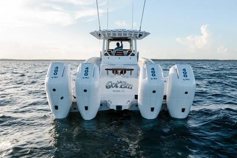 Slide: The Image of Freeman 43 boat with four 400 V10 engines cruising on open water, 2023 model. - 7