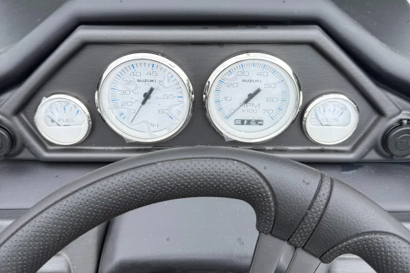 Slide: The Image of Dashboard of 2026 Bentley Pontoons 223 Quad Swingback with Suzuki gauges and steering wheel. - 8