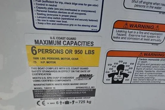 Slide: The Image of 2023 Tahoe T16 boat capacity label: 6 persons or 950 lbs, 75 HP motor. - 11