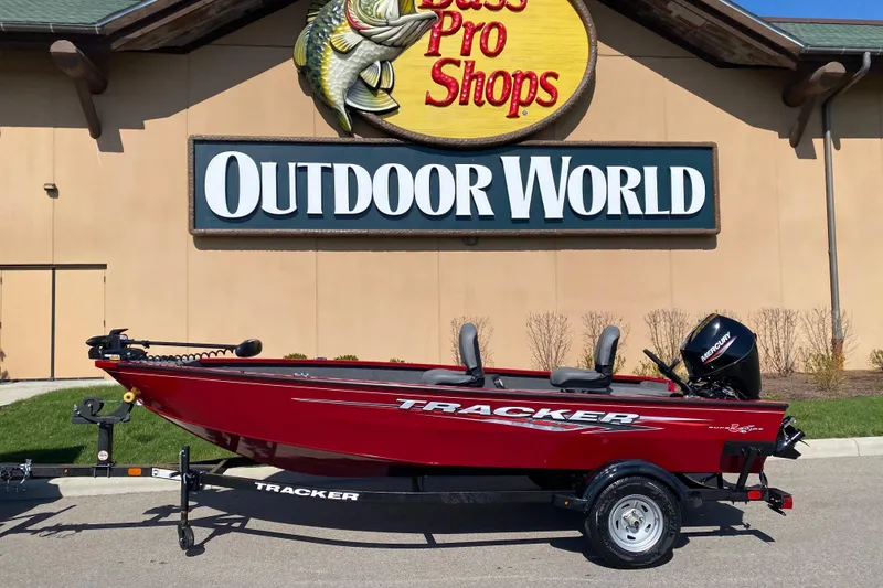 The Image of 2025 Tracker Super Guide V-16 T boat displayed outside Bass Pro Shops Outdoor World. - 0