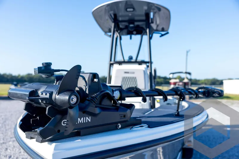 Slide: The Image of 2026 Pathfinder 2300 HPS boat with Garmin trolling motor on deck. - 41
