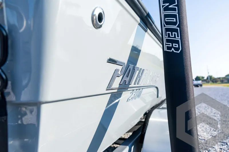 Slide: The Image of 2026 Pathfinder 2300 HPS boat, close-up of logo and design details. - 45