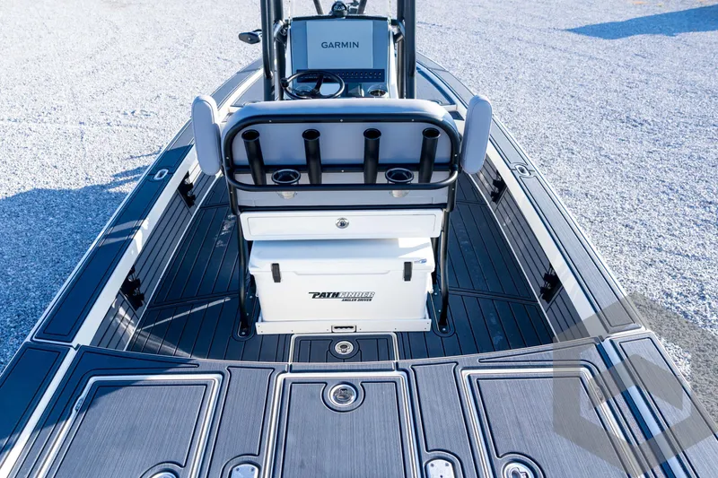 Slide: The Image of 2026 Pathfinder 2300 HPS boat interior with Garmin system and sleek deck design. - 50
