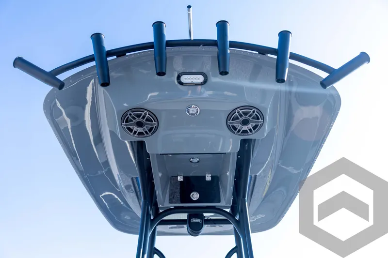 Slide: The Image of 2026 Pathfinder 2300 HPS boat, underside view with speakers and rod holders. - 99