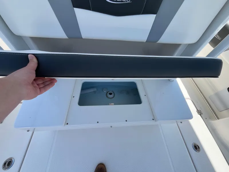 Slide: The Image of 2024 Robalo R270 Center Console boat with open storage compartment and sleek design. - 11