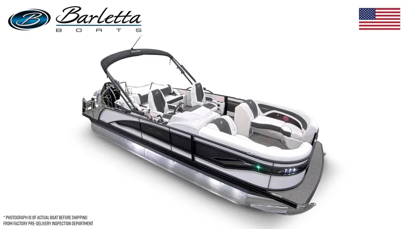 Slide: The Image of 2026 Barletta Corsa 23UC pontoon boat with sleek design and modern features. - 2