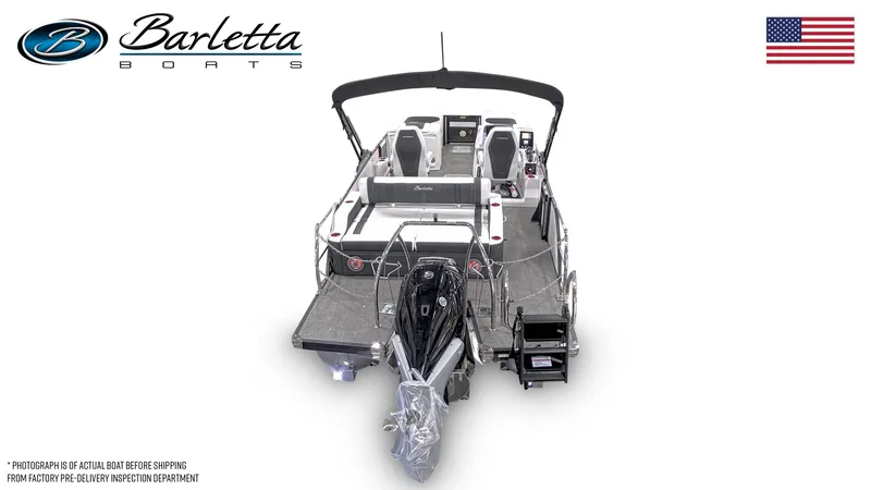 Slide: The Image of 2026 Barletta Corsa 23UC pontoon boat, rear view, showcasing seating and motor. - 6