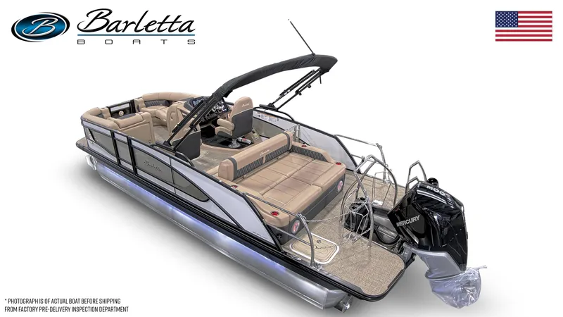 Slide: The Image of 2026 Barletta Lusso 23UC pontoon boat with luxurious seating and Mercury outboard motor. - 2