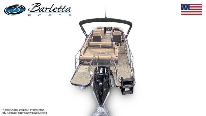 Slide: The Image of 2026 Barletta Lusso 23UC pontoon boat, top view, with American flag and logo. - 3