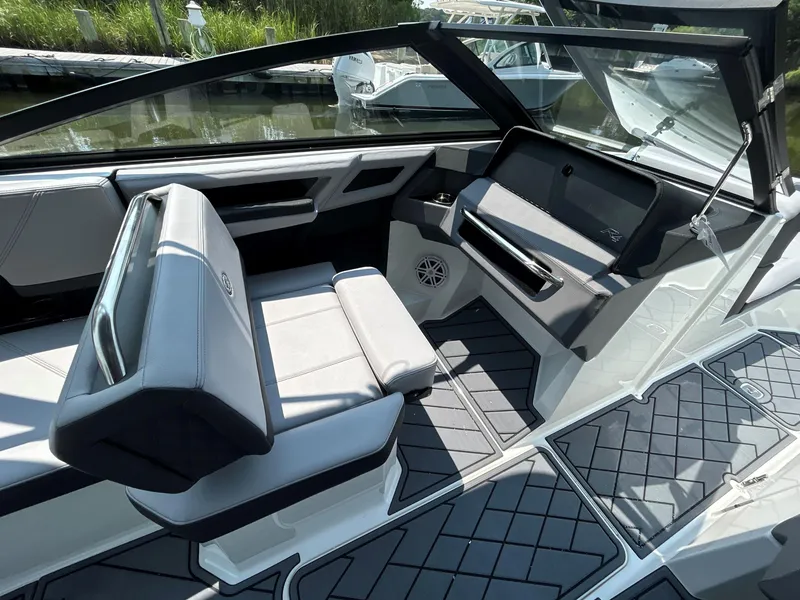 Slide: The Image of Interior of 2026 Cobalt R4 boat with modern seating and sleek design. - 14
