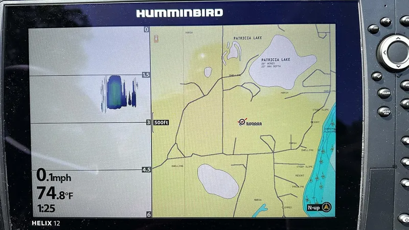 Slide: The Image of Humminbird Helix 12 fishfinder displaying Patricia Lake map on a 2024 Vexus DVX20. - 8