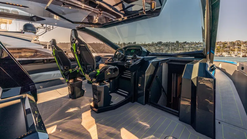 Slide: The Image of Interior of 2023 Tecnomar Lamborghini 63 yacht, featuring sleek design and luxurious seating. - 45