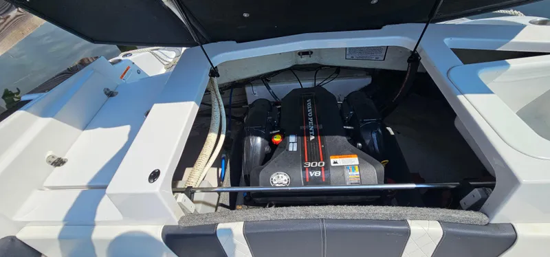 Slide: The Image of 2014 Glastron GT 245 boat engine compartment with Volvo Penta 300 V8 engine. - 20