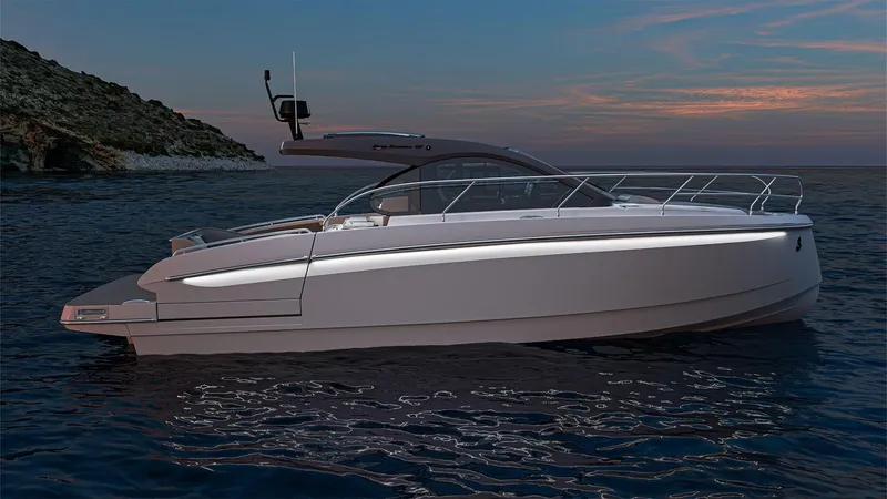Slide: The Image of 2026 Beneteau Gran Turismo 40 yacht on calm water at sunset. - 3