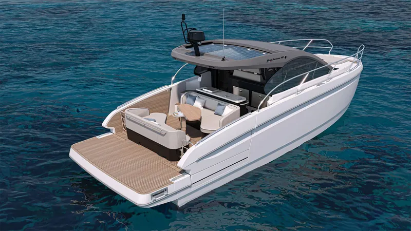 Slide: The Image of 2026 Beneteau Gran Turismo 40 yacht on clear blue water, showcasing sleek design and spacious deck. - 4