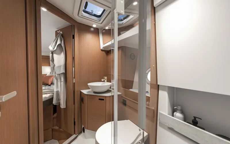 Slide: The Image of Modern bathroom interior of 2026 Beneteau 37 Swift Trawler, featuring sleek design and amenities. - 14