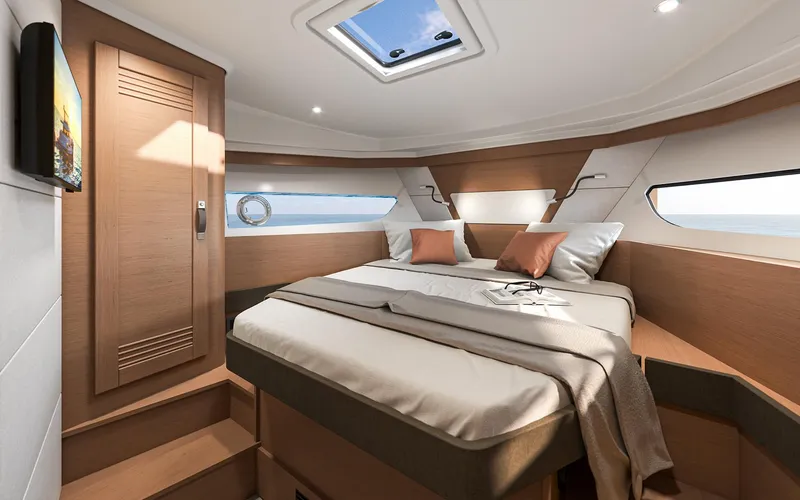 Slide: The Image of Luxurious cabin interior of 2026 Beneteau 37 Swift Trawler with modern design and cozy bedding. - 12