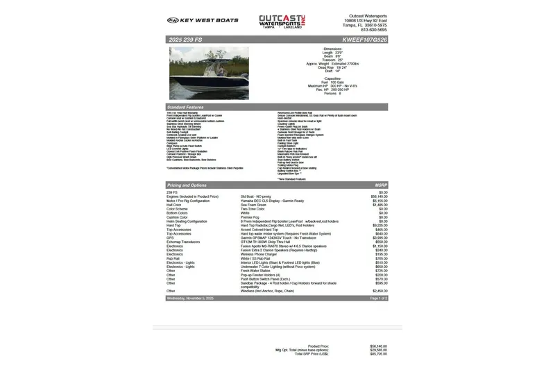 Slide: The Image of Key West 239 FS 2026 boat specifications and pricing details sheet. - 16