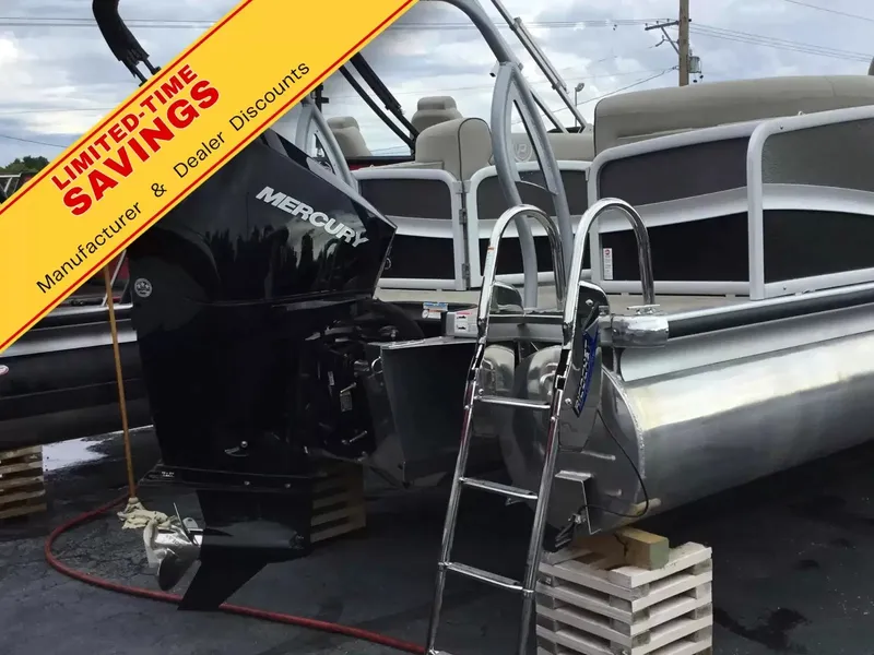 The Image of The image shows a Premier 230 Solaris RF DL pontoon boat with a Mercury engine. An advertisement banner overlays the image. - 1