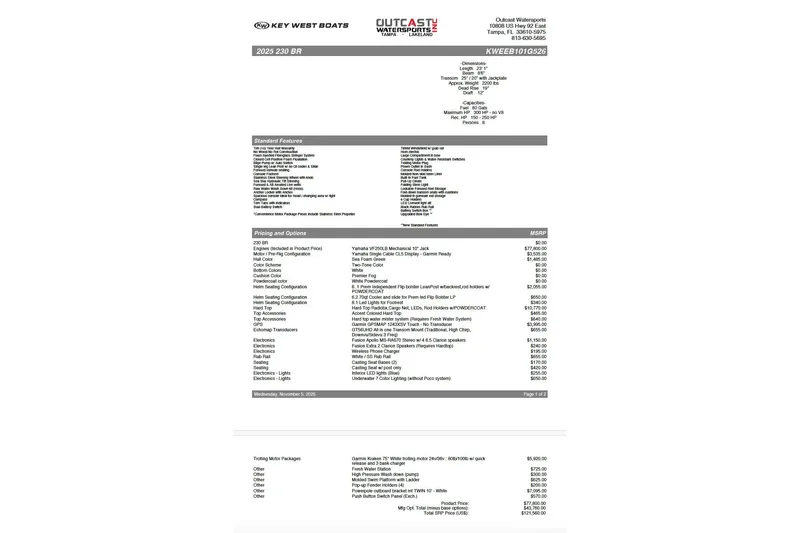 Slide: The Image of Key West 230 Bay Reef 2026 boat specifications and pricing details. - 18