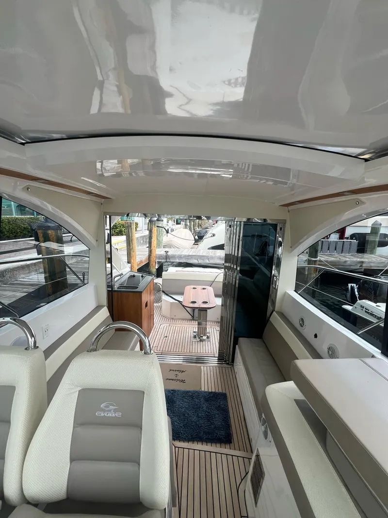 Slide: The Image of Interior of 2022 Evolve 400HT yacht, featuring sleek seating and modern design. - 13