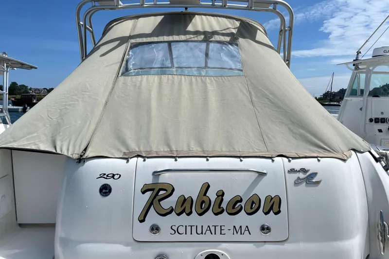 Slide: The Image of 2001 Sea Ray 290 Amberjack boat with beige cover, docked in Scituate, MA. - 3