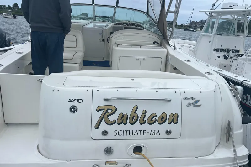 Slide: The Image of 2001 Sea Ray 290 Amberjack boat named "Rubicon" docked in Scituate, MA. - 5