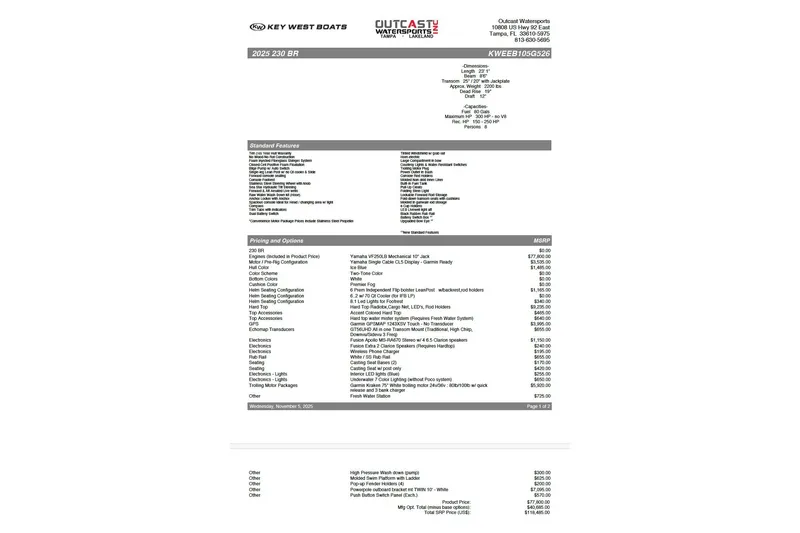 Slide: The Image of Key West 230 Bay Reef 2026 boat specifications and pricing details. - 22