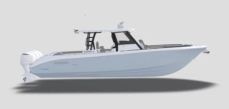 Slide: The Image of 2026 Everglades 375 Center Console boat, sleek design, side view, white hull, modern features. - 38