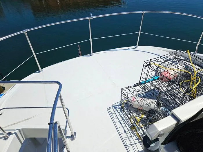 Slide: The Image of Deck of 2004 Carver 560 Voyager PH with crab traps, overlooking calm water. - 26