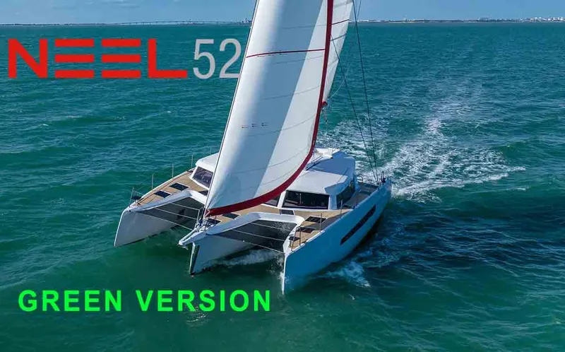 Slide: The Image of Sailing NEEL 52 Hybrid 2025 catamaran, green version, cruising on open sea. - 2