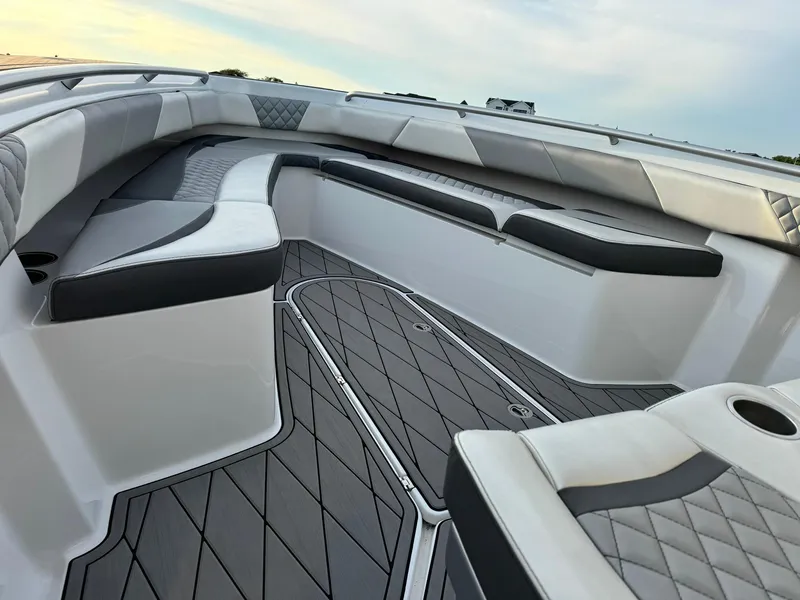 Slide: The Image of Luxurious seating on 2019 Statement 350 Open boat with stylish diamond-patterned flooring. - 10