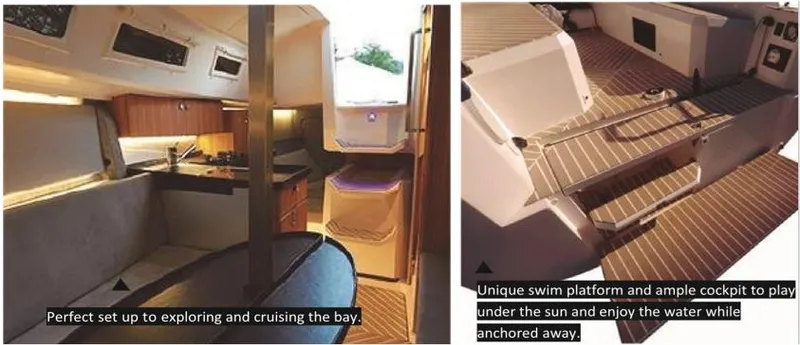 Slide: The Image of 2025 Faro Yachts 29 interior and swim platform, ideal for cruising and sunbathing. - 37