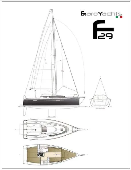 Slide: The Image of Blueprint of 2025 Faro Yachts 29 sailboat, showcasing side, front, and top views. - 38