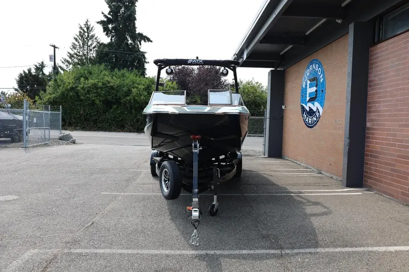 Slide: The Image of 2026 ATX Surf Boats 22 Type-S parked at a marina, front view. - 5