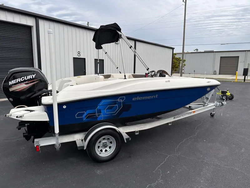Slide: The Image of 2020 Bayliner Element boat on trailer with Mercury outboard motor. - 4