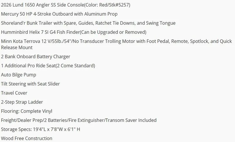 Slide: The Image of 2026 Lund 1650 Angler SS boat features and specifications list. - 5