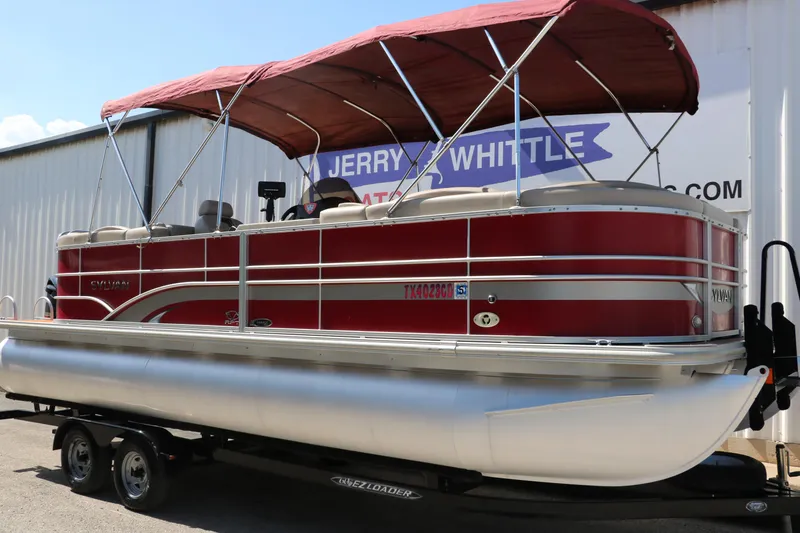 Slide: The Image of 2013 Sylvan Mirage 8522 pontoon boat with red canopy and clear side panels. - 4