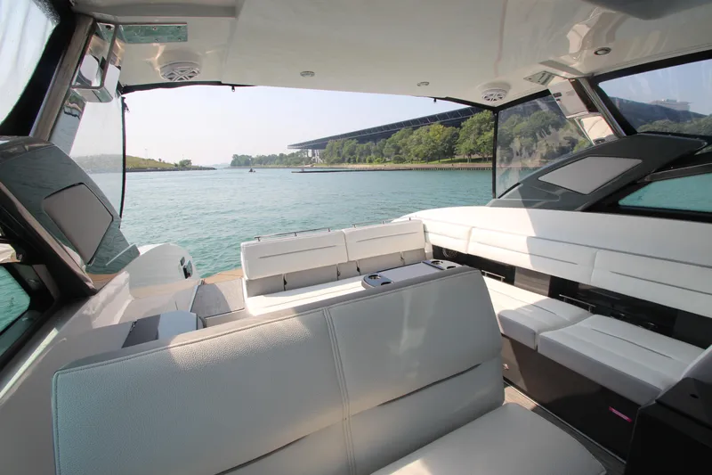 Slide: The Image of Luxurious interior of 2018 Cobalt A36 boat with scenic water view. - 15