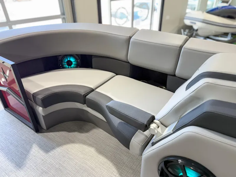 Slide: The Image of Luxurious seating in 2025 Berkshire 23SBE STS boat with modern design and ambient lighting. - 10