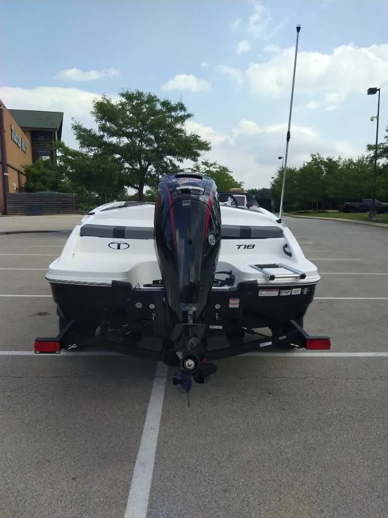 Slide: The Image of 2026 Tahoe T18 boat on trailer in parking lot, rear view. - 5