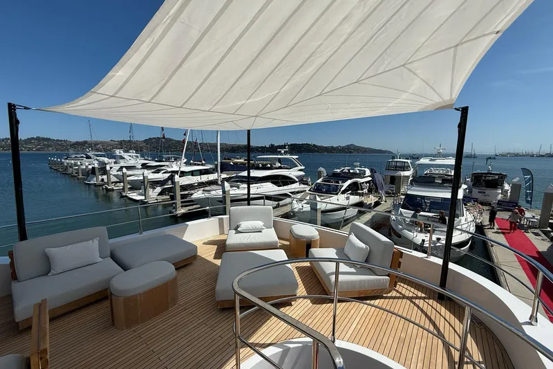 Slide: The Image of Luxurious Azimut Magellano 25M yacht interior with marina view, 2026 model. - 107