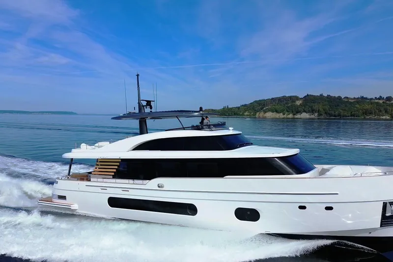 Slide: The Image of Luxurious 2026 Azimut Magellano 25M yacht cruising on serene waters. - 108